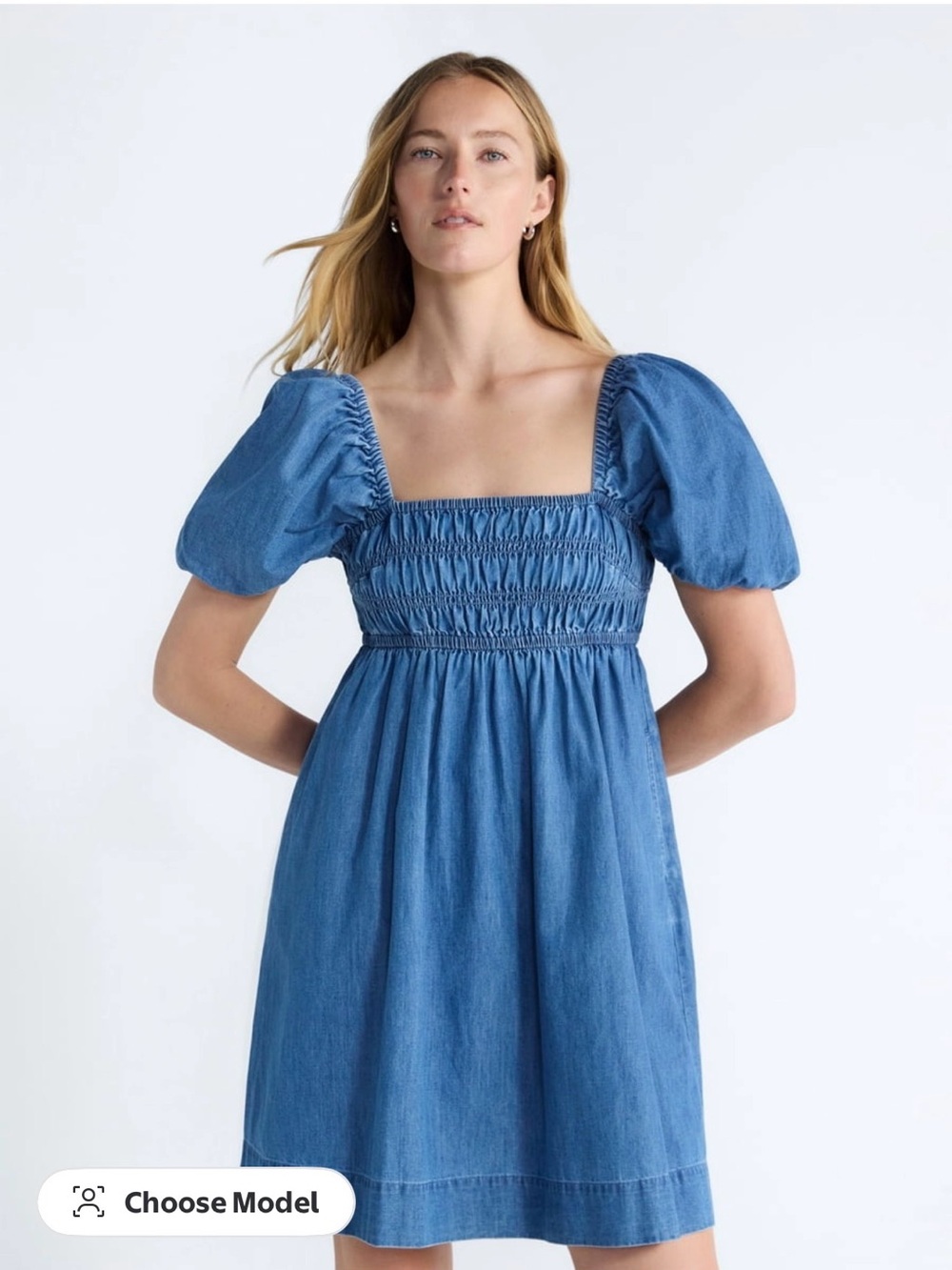 Smocked Square-Neck Puff Sleeve Denim Dress - Blue